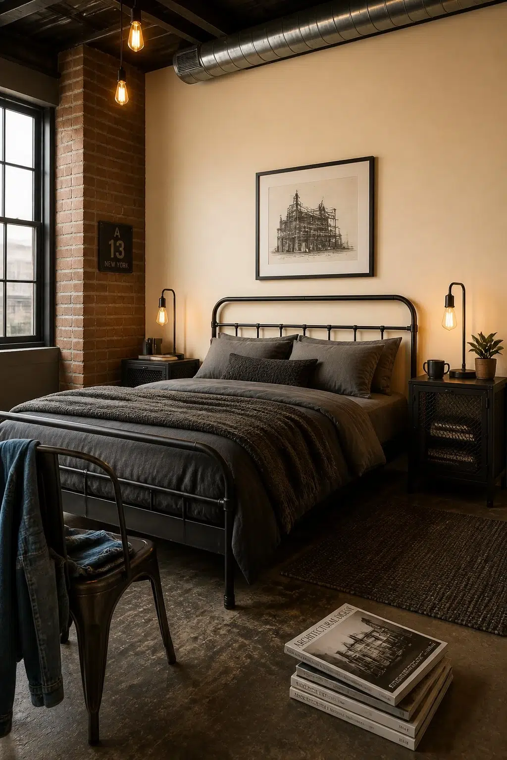 A industrial bedroom painted in Champagne
