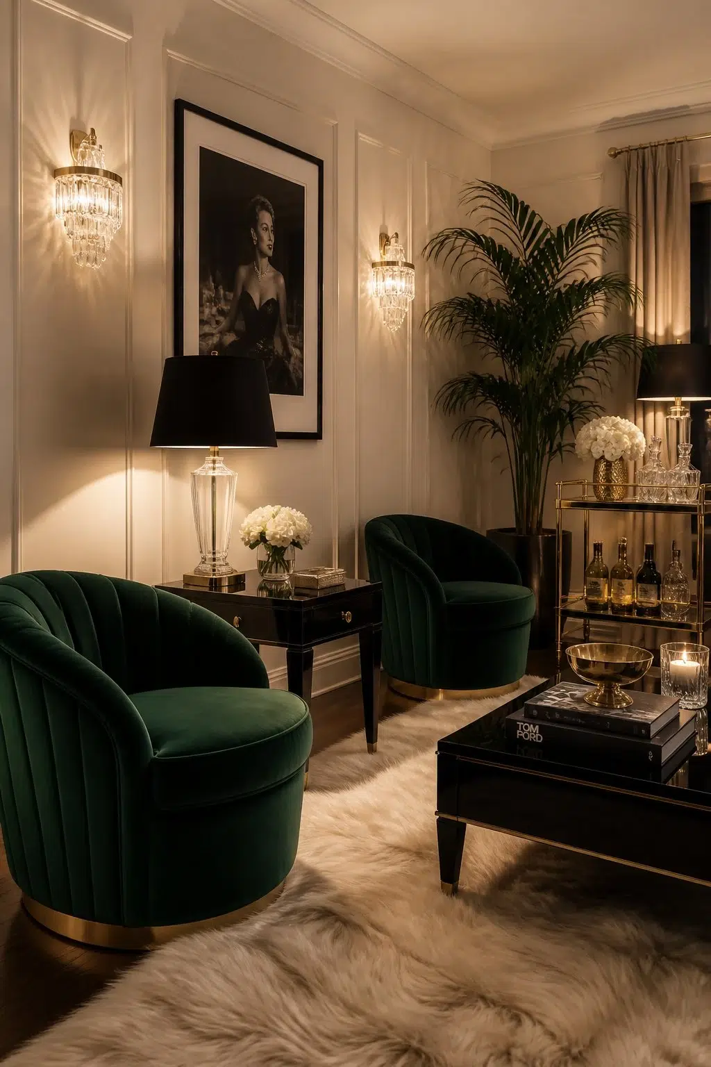 A hollywood regency living room painted in Champagne