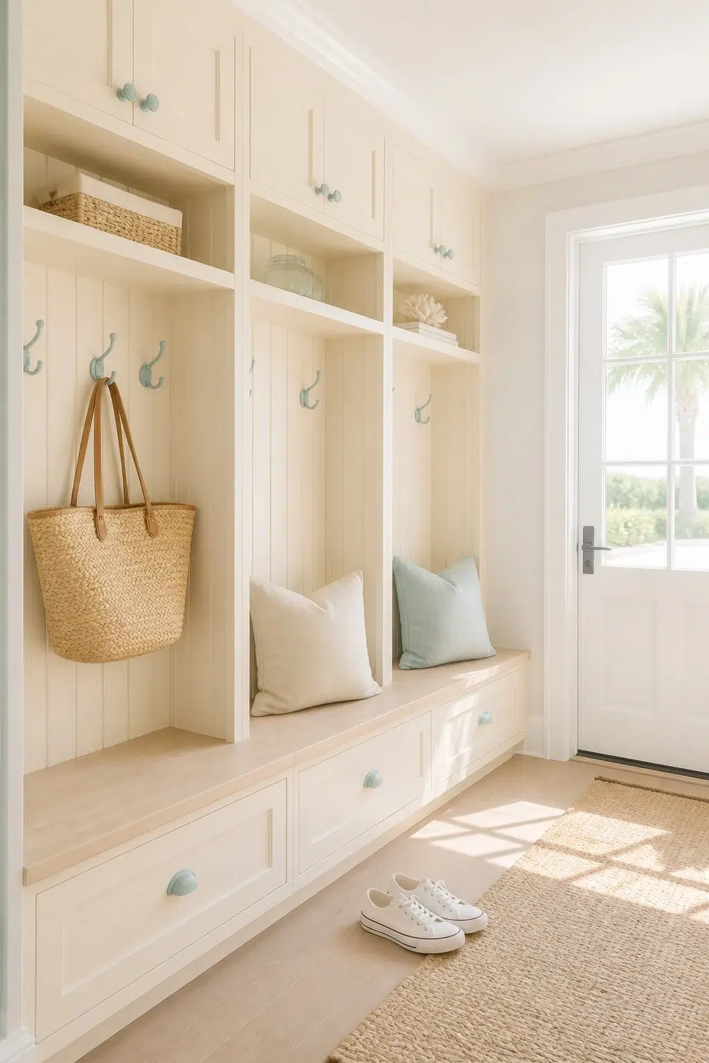 Champagne paint in a coastal mudroom