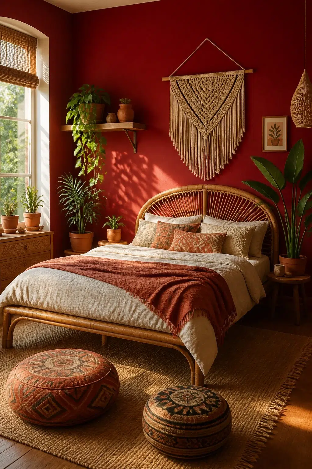 A boho bedroom painted in Chanticleer