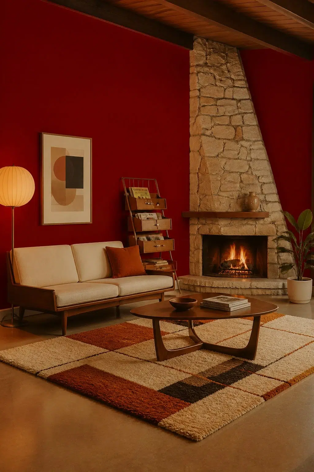 A mid century living room painted in Chanticleer