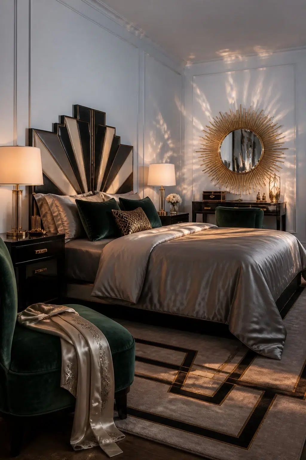 A art deco bedroom painted in Chapeau Violet