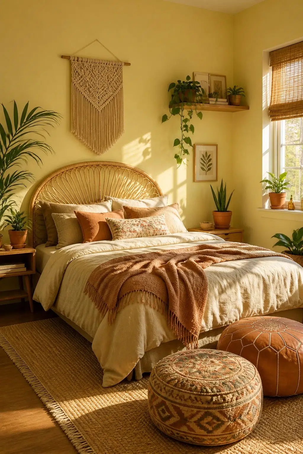 A boho bedroom painted in Chartreuse