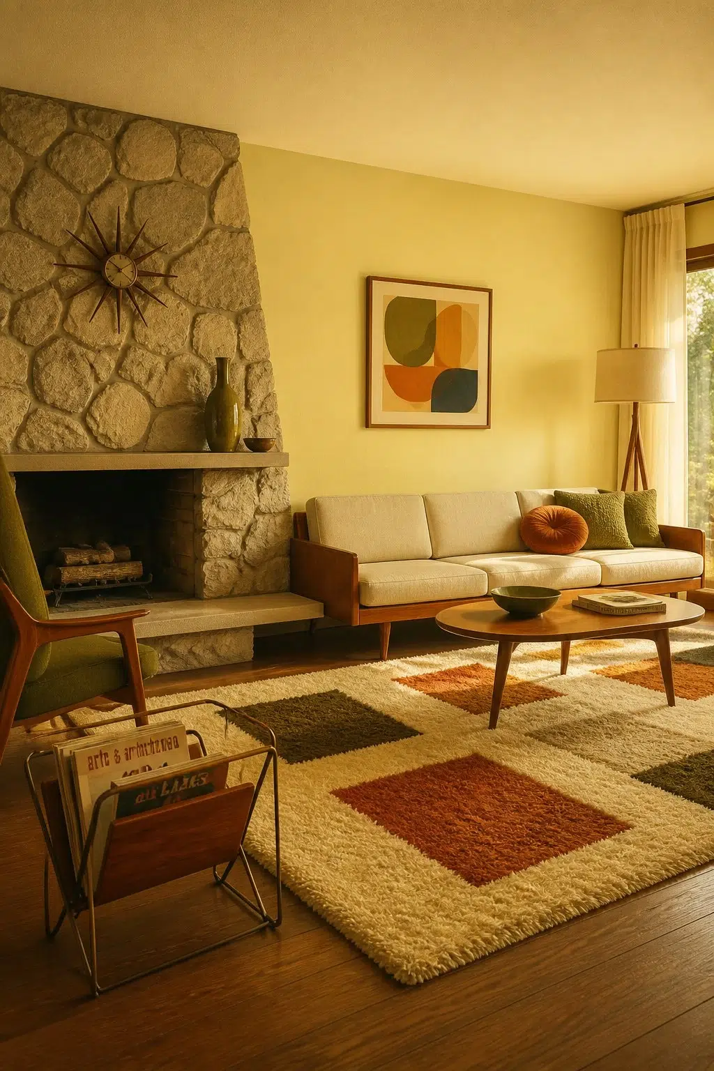 A mid century living room painted in Chartreuse