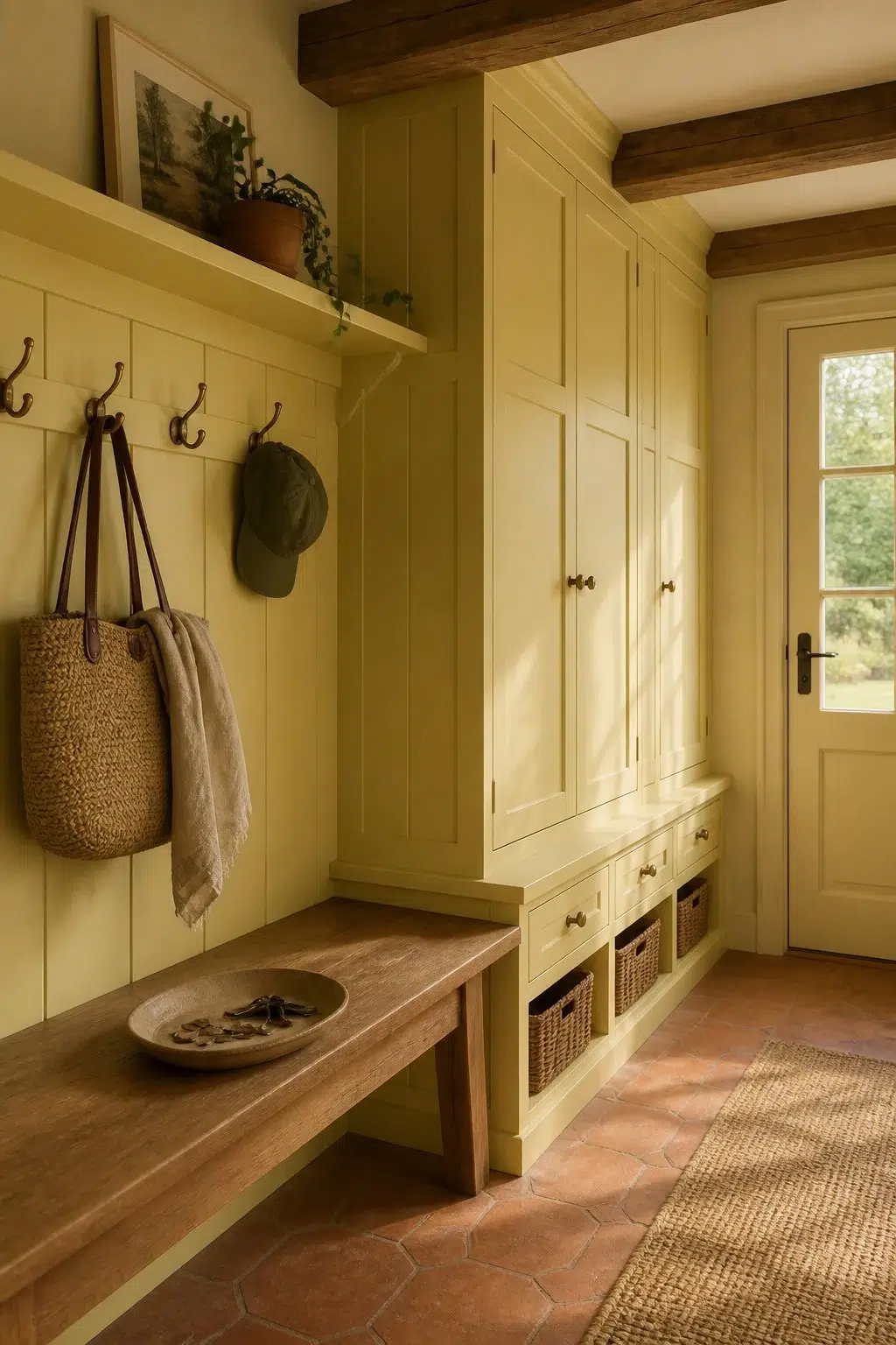 Chartreuse paint in a earthy mudroom