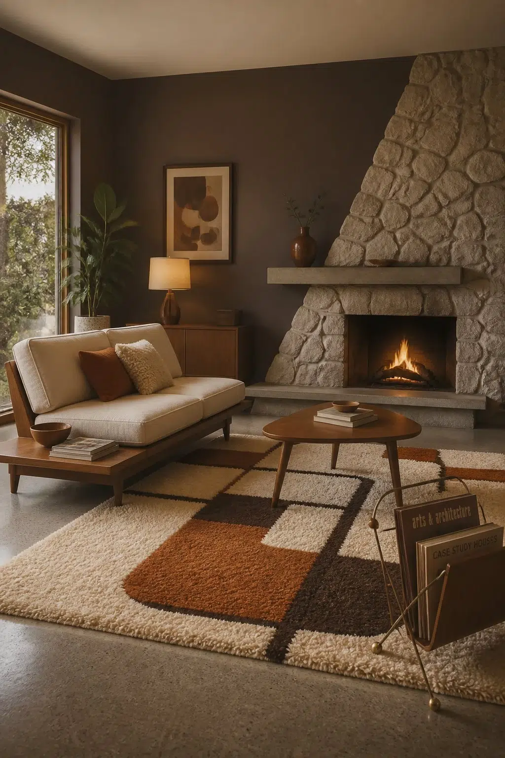 A mid century living room painted in Chateau Brown
