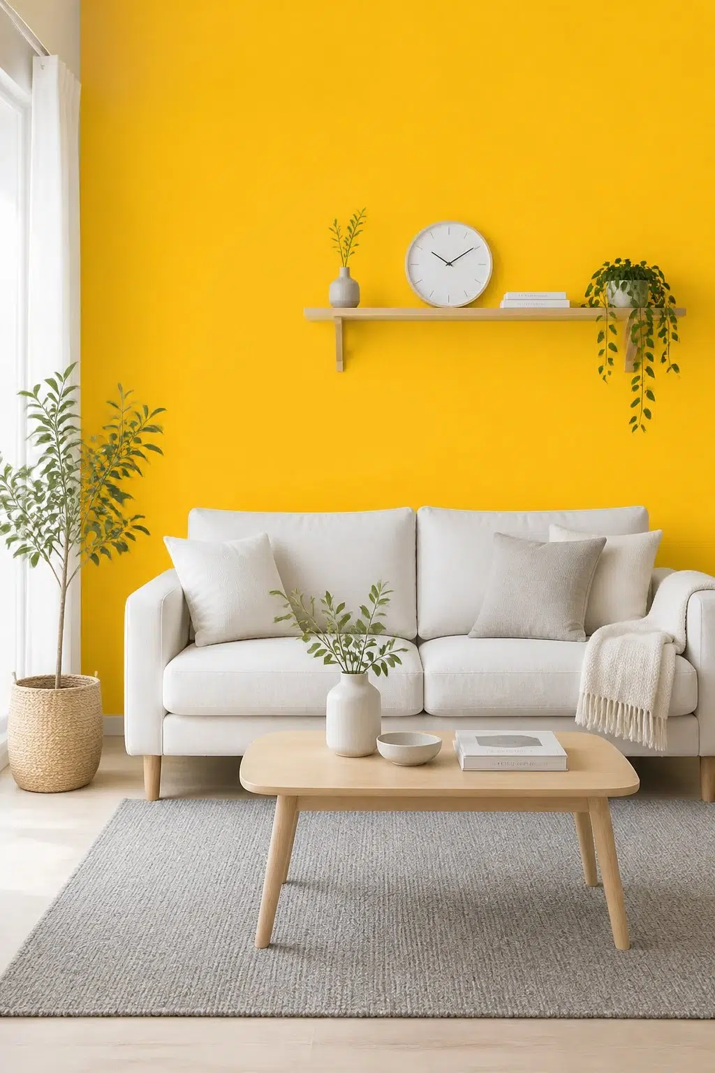 A scandinavian living room painted in Cheerful