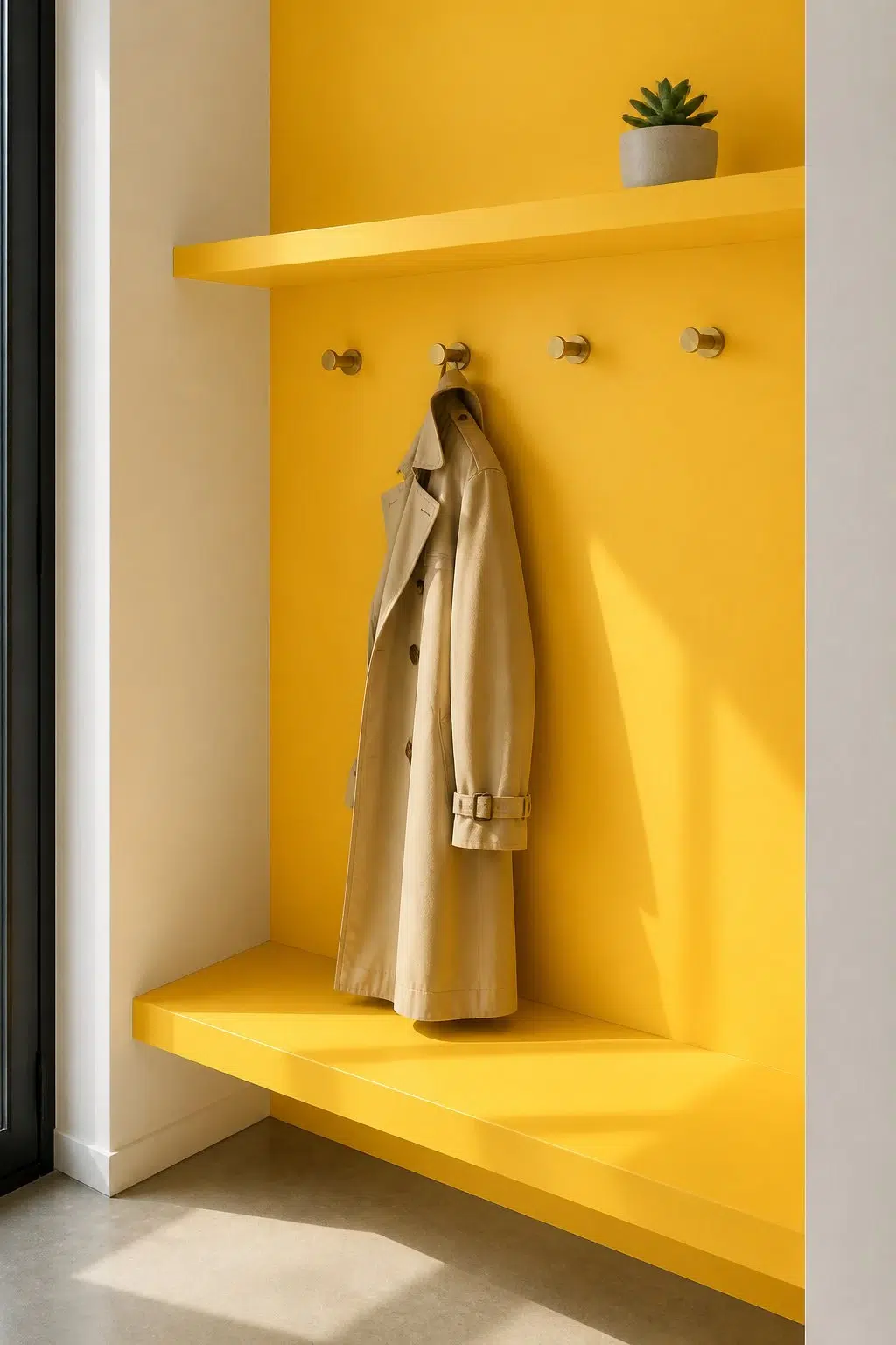 Cheerful paint in a tiny mudroom