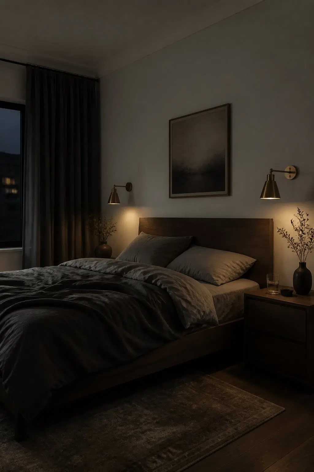 A moody bedroom painted in Chelsea Gray