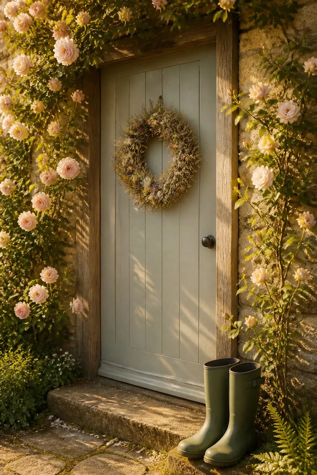 cottagecore front door featuring Chelsea Gray by Sherwin-Williams