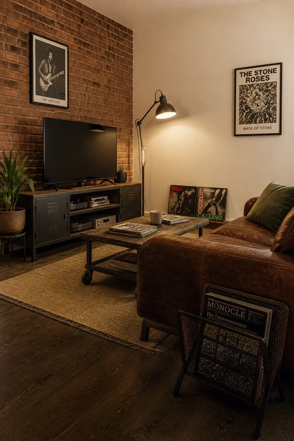 A industrial living room painted in Cherish Cream
