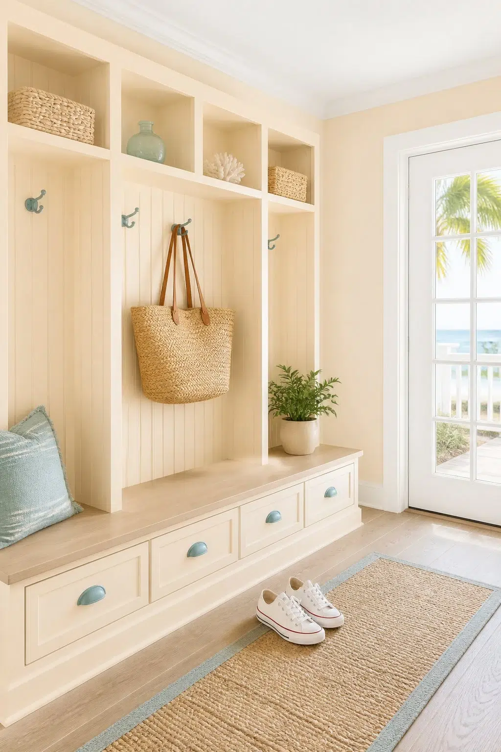 Cherish Cream paint in a coastal mudroom