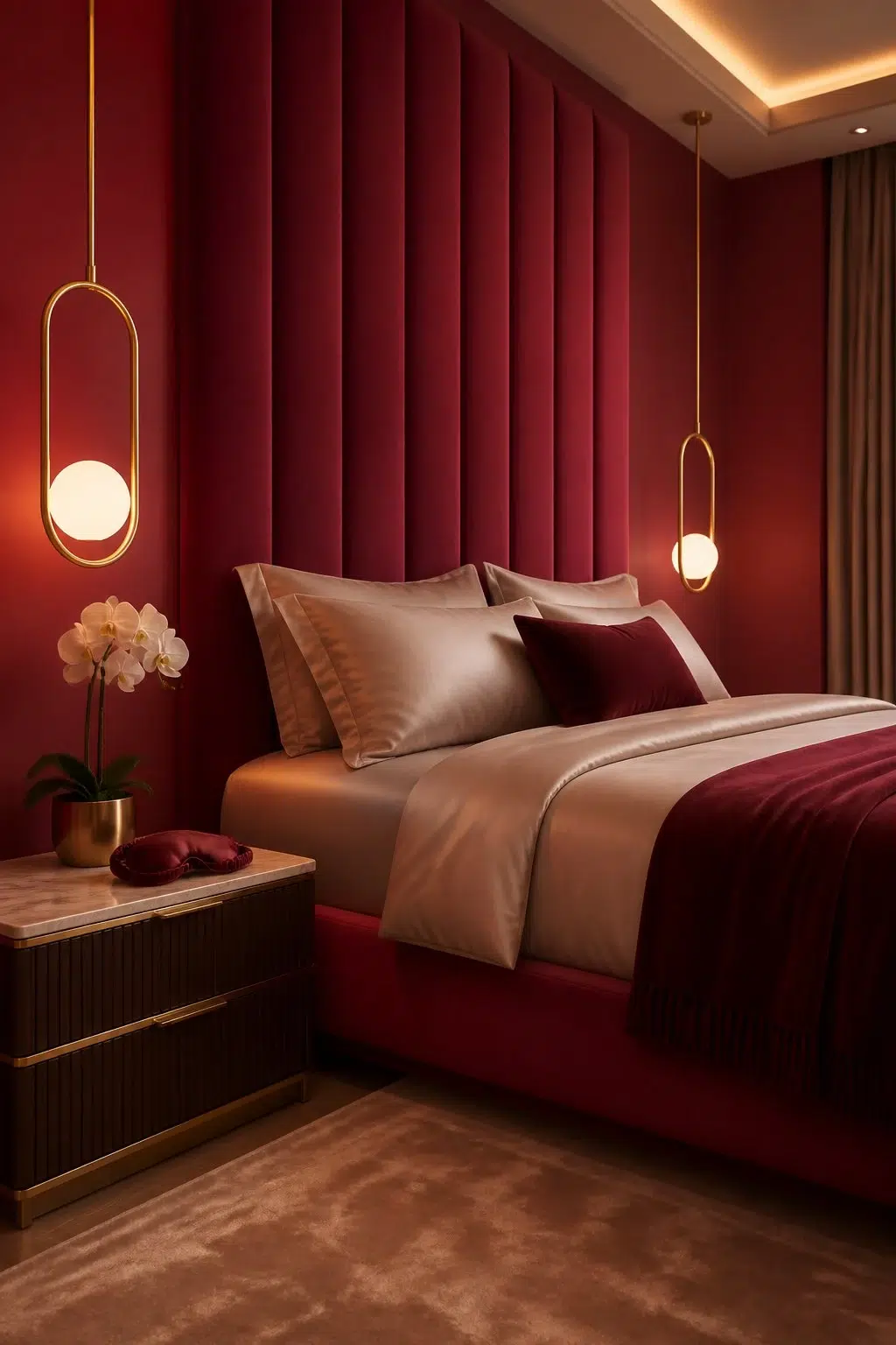 A modern luxury bedroom painted in Cherries Jubilee