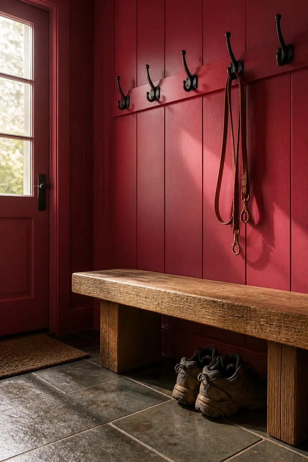 Cherries Jubilee paint in a rustic modern mudroom