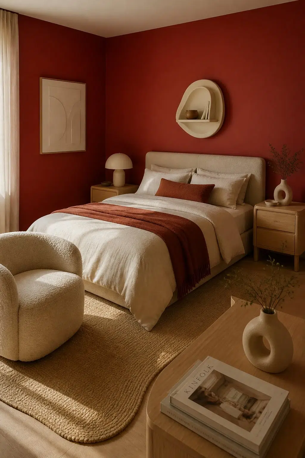 A organic modern bedroom painted in Cherry Tomato