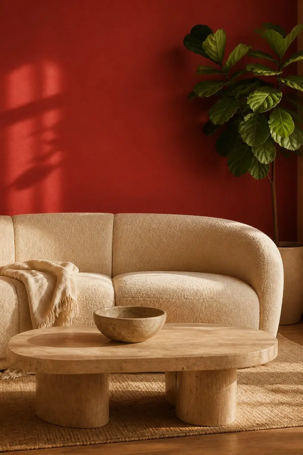 A organic modern living room painted in Cherry Tomato