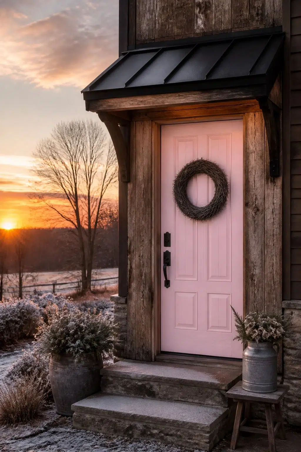 rustic modern front door featuring Childlike by Sherwin-Williams