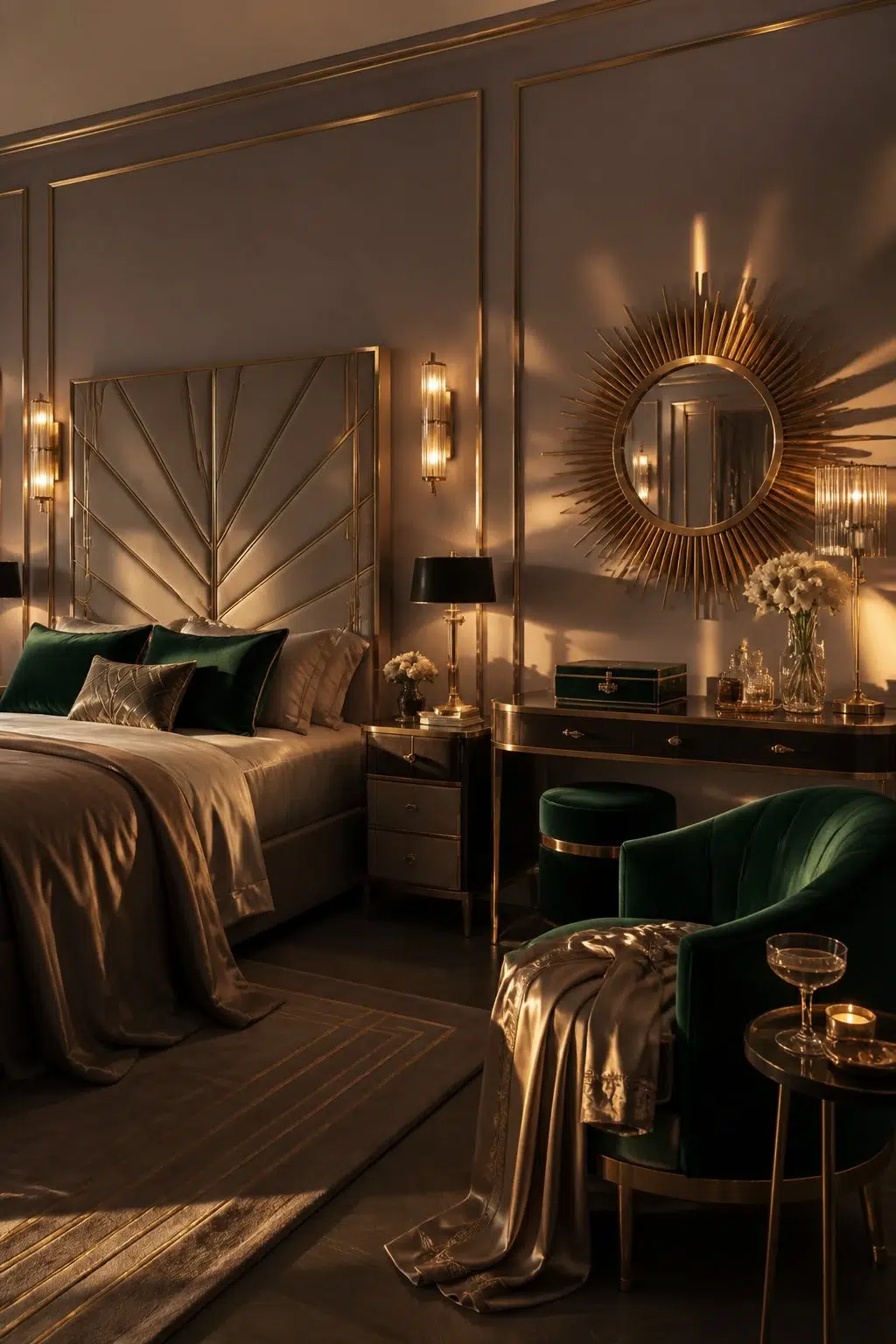 A art deco bedroom painted in Chinchilla