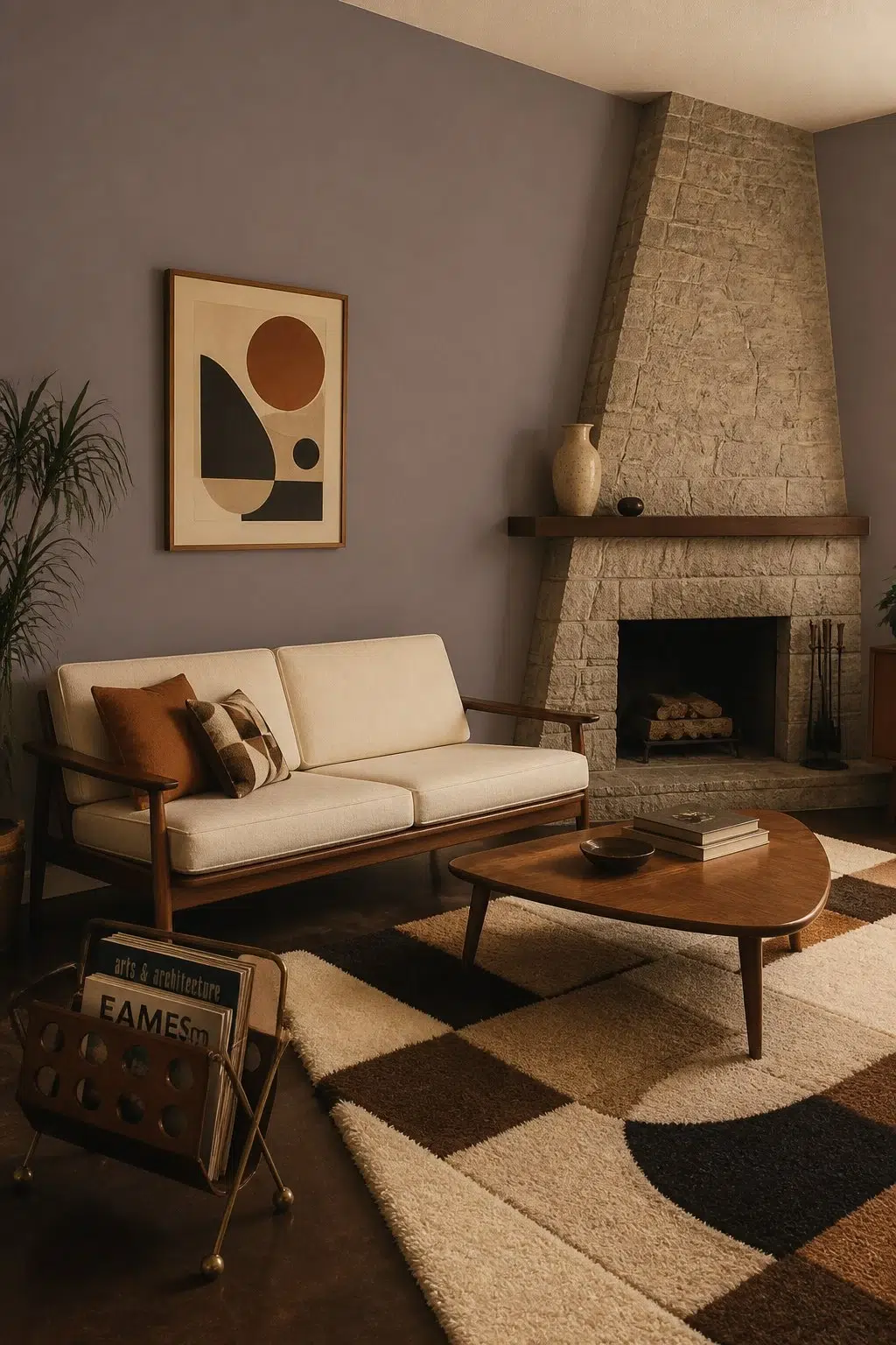 A mid century living room painted in Chinchilla