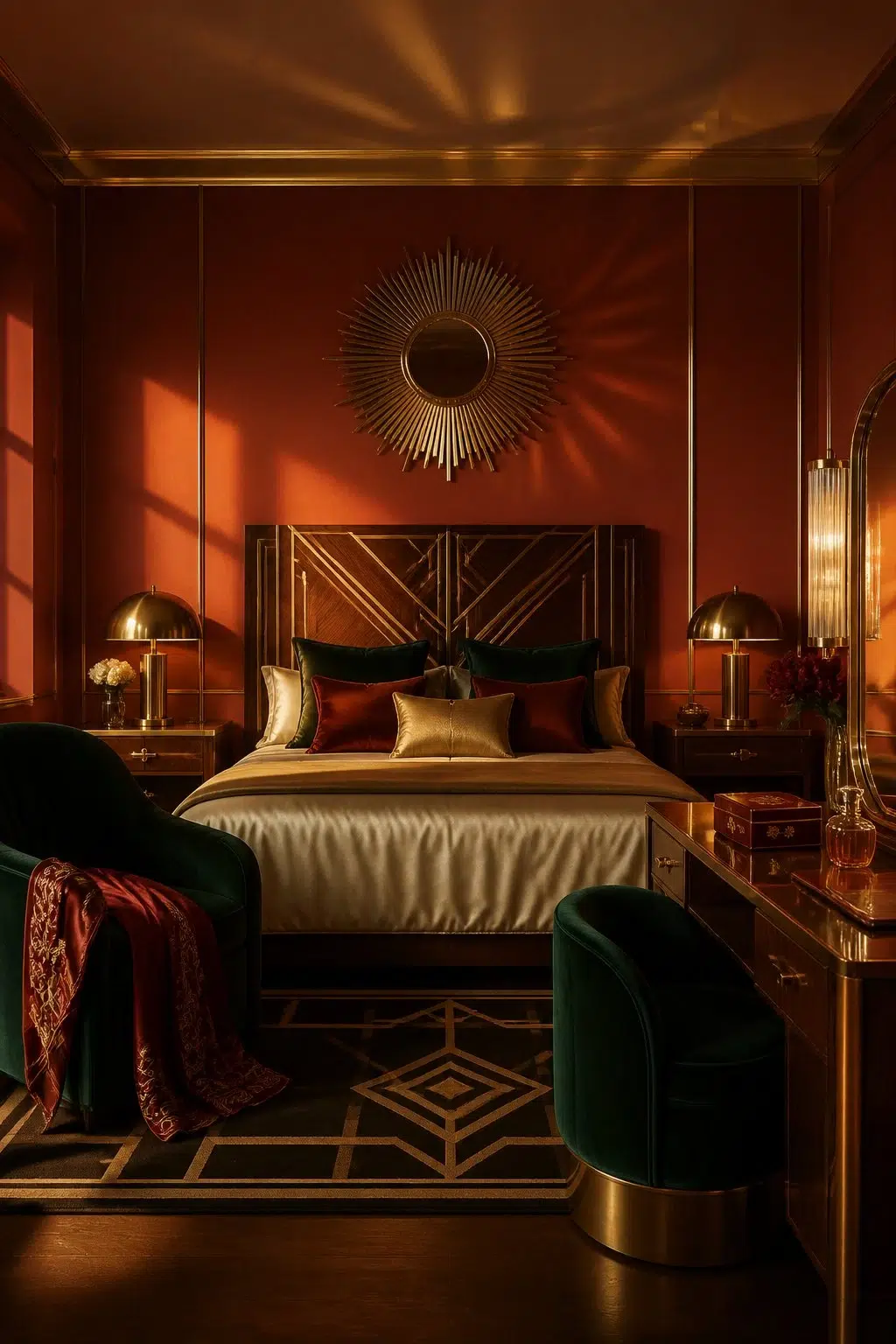 A art deco bedroom painted in Chinese Red