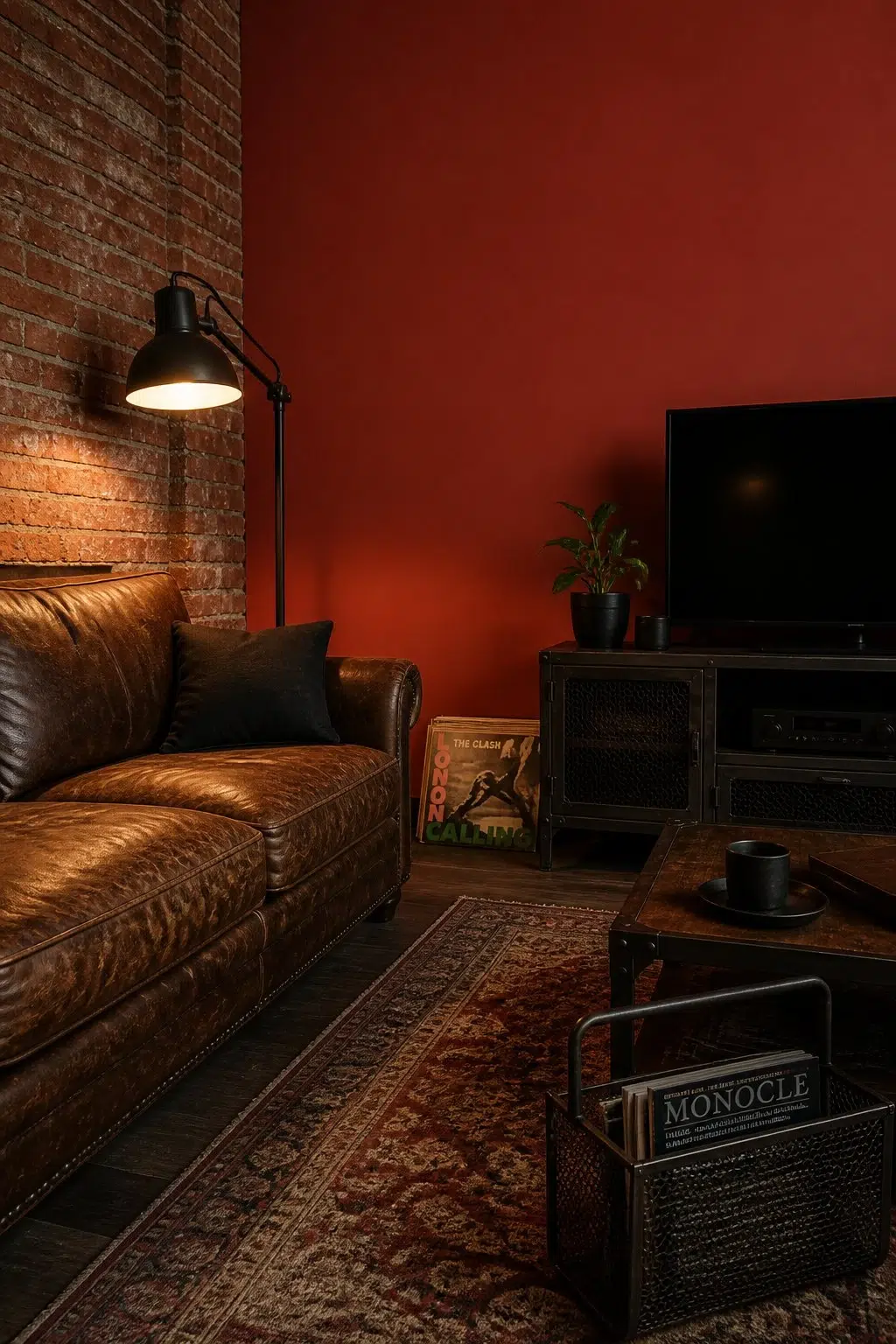 A industrial living room painted in Chinese Red