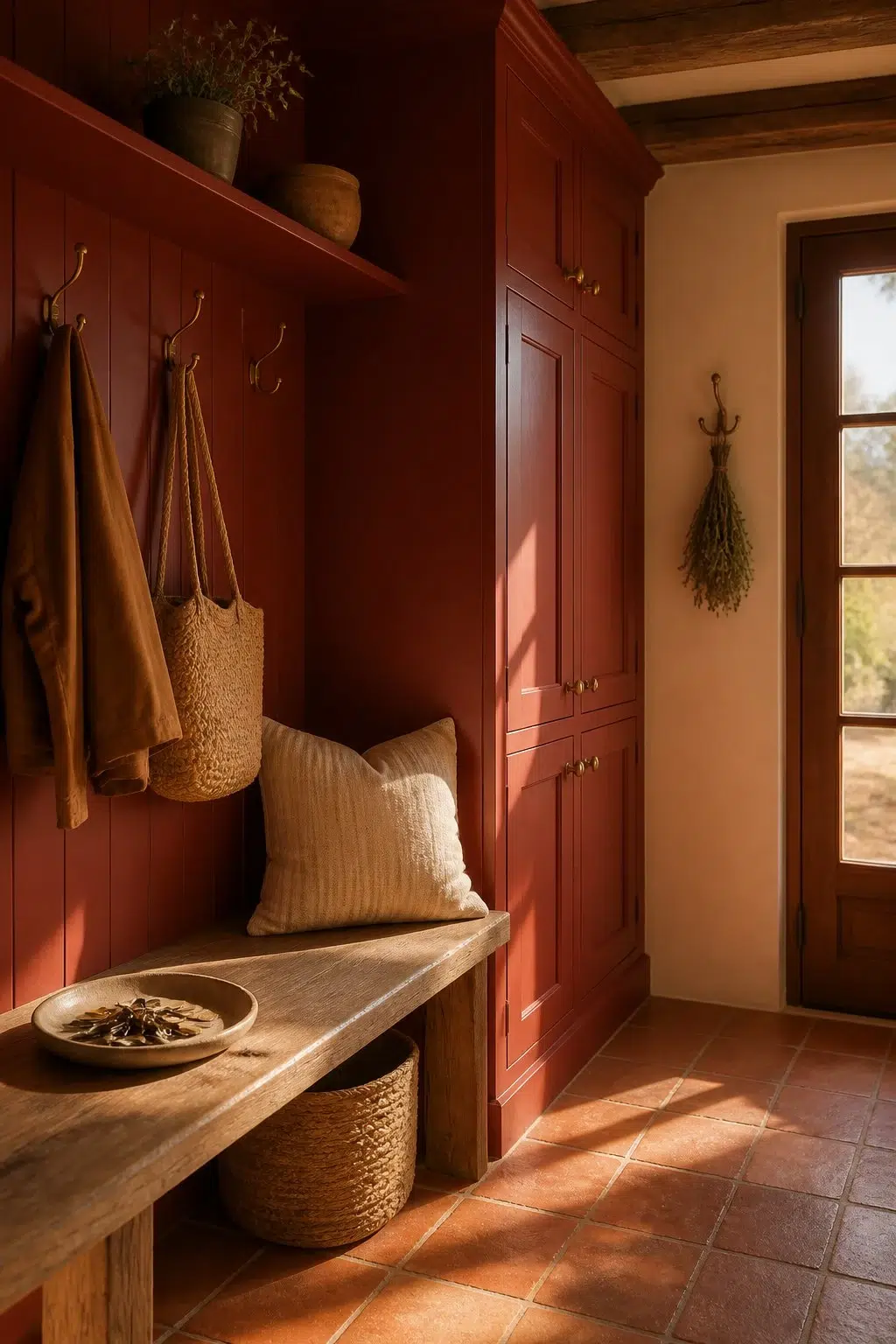Chinese Red paint in a earthy mudroom