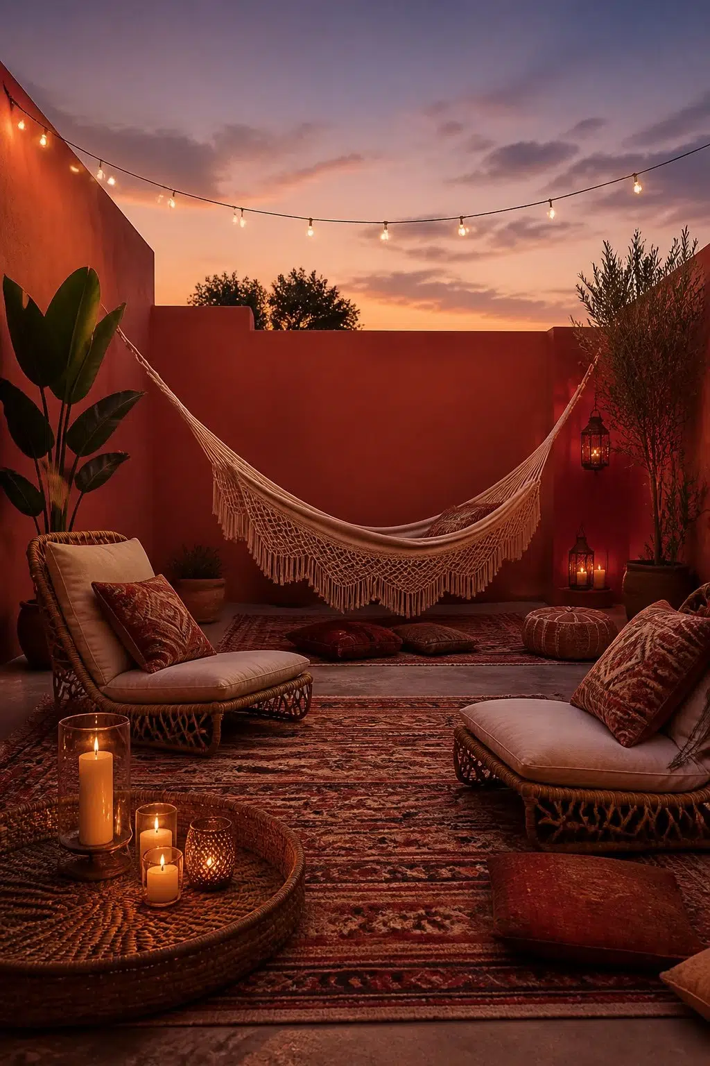 boho patio featuring Chinese Red by Sherwin-Williams
