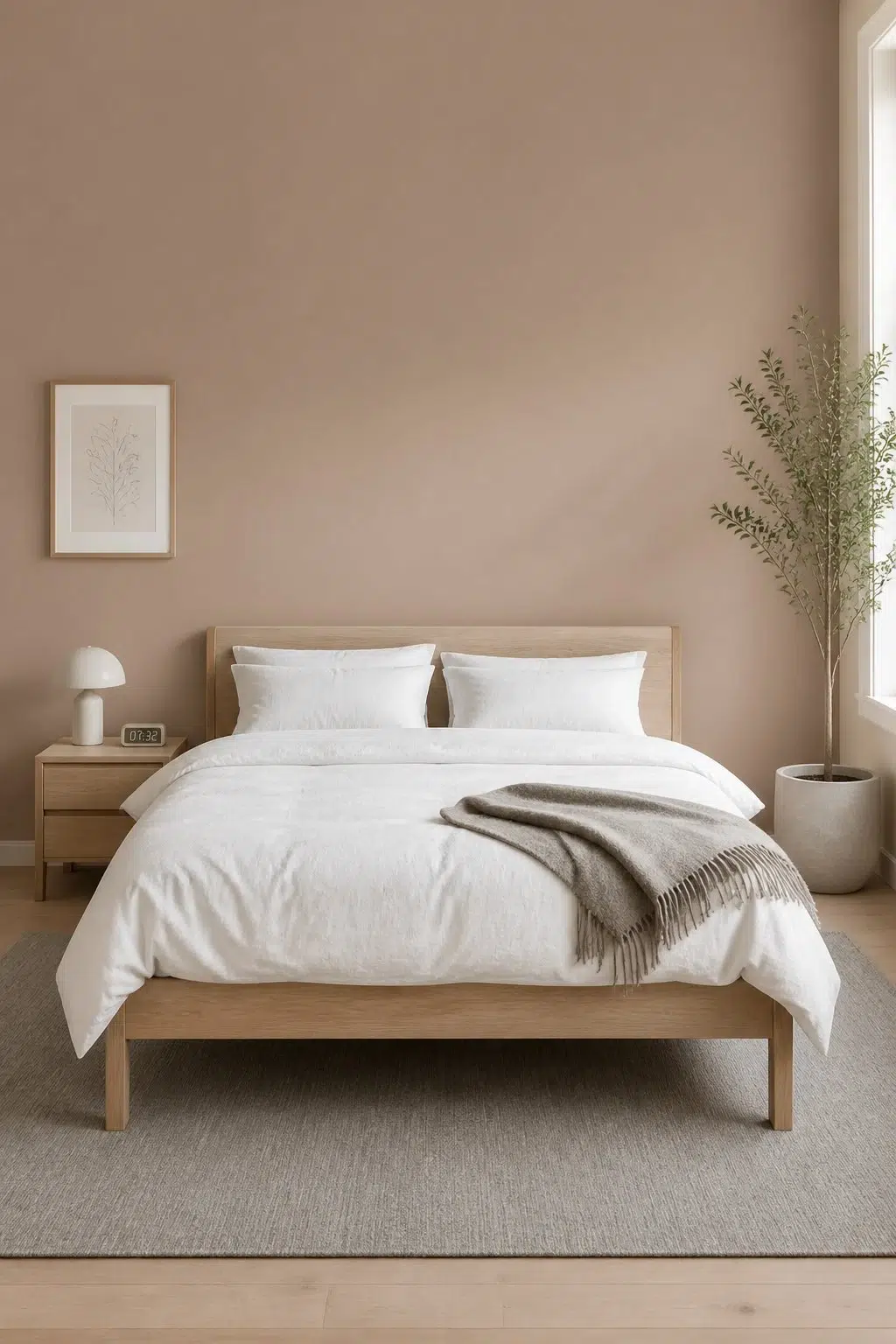 A scandinavian bedroom painted in Chocolate Powder