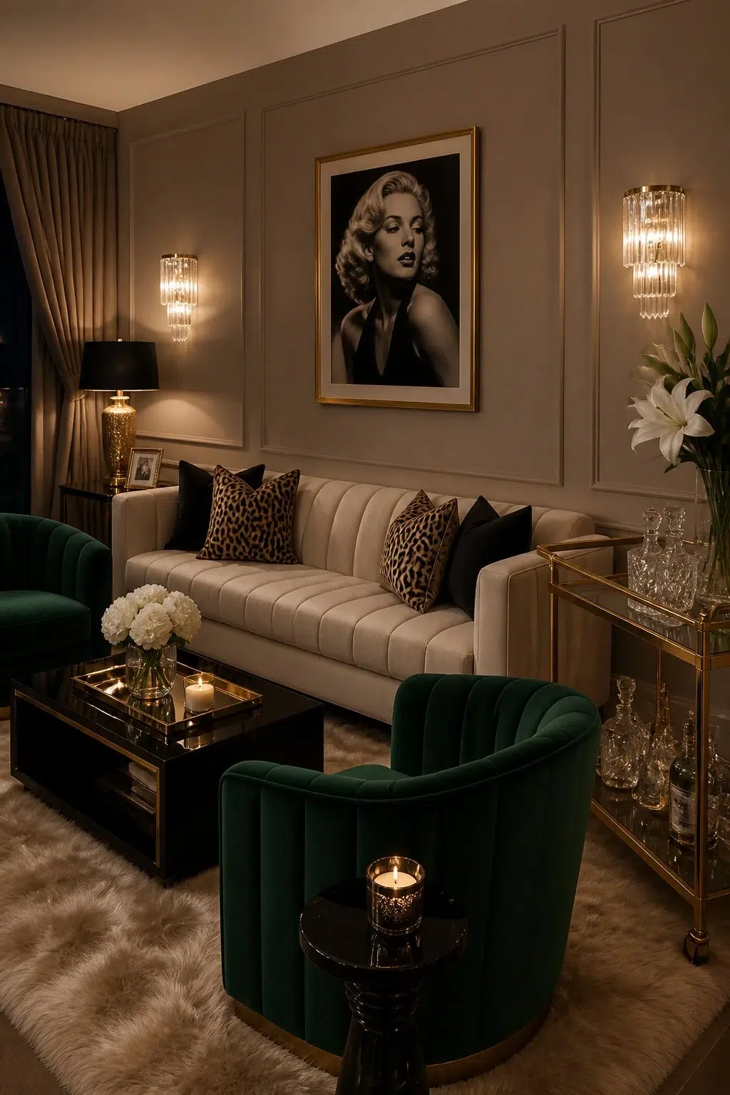 A hollywood regency living room painted in Chocolate Powder