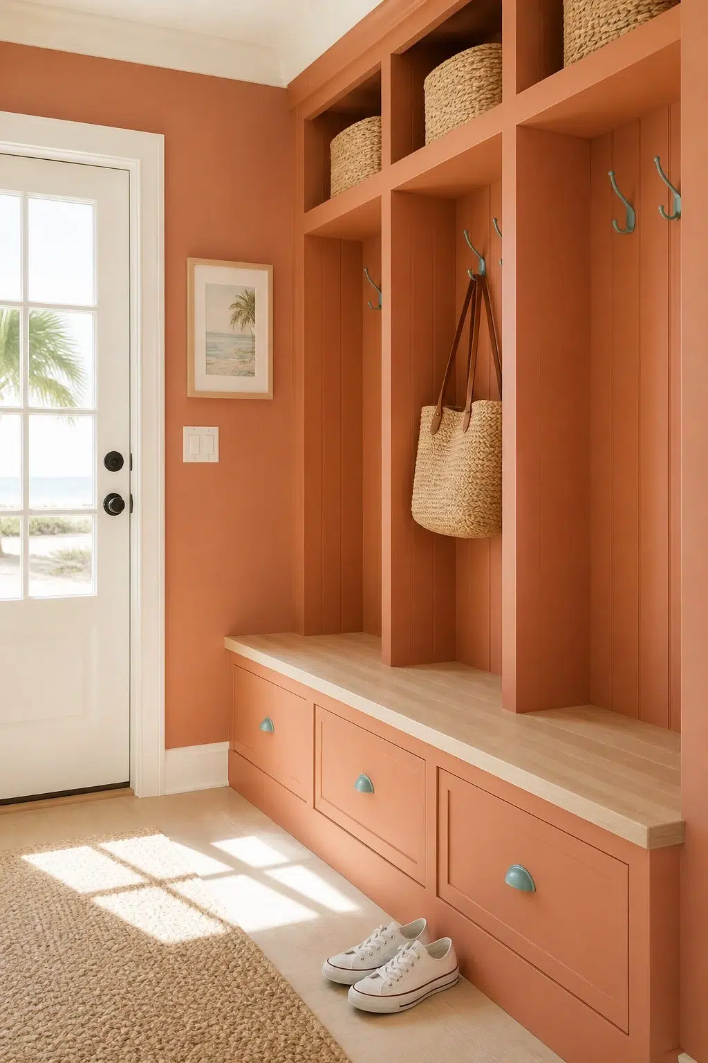 Chrysanthemum paint in a coastal mudroom