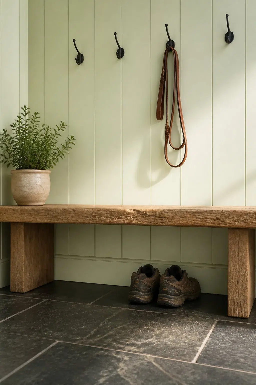 Citrine paint in a rustic modern mudroom