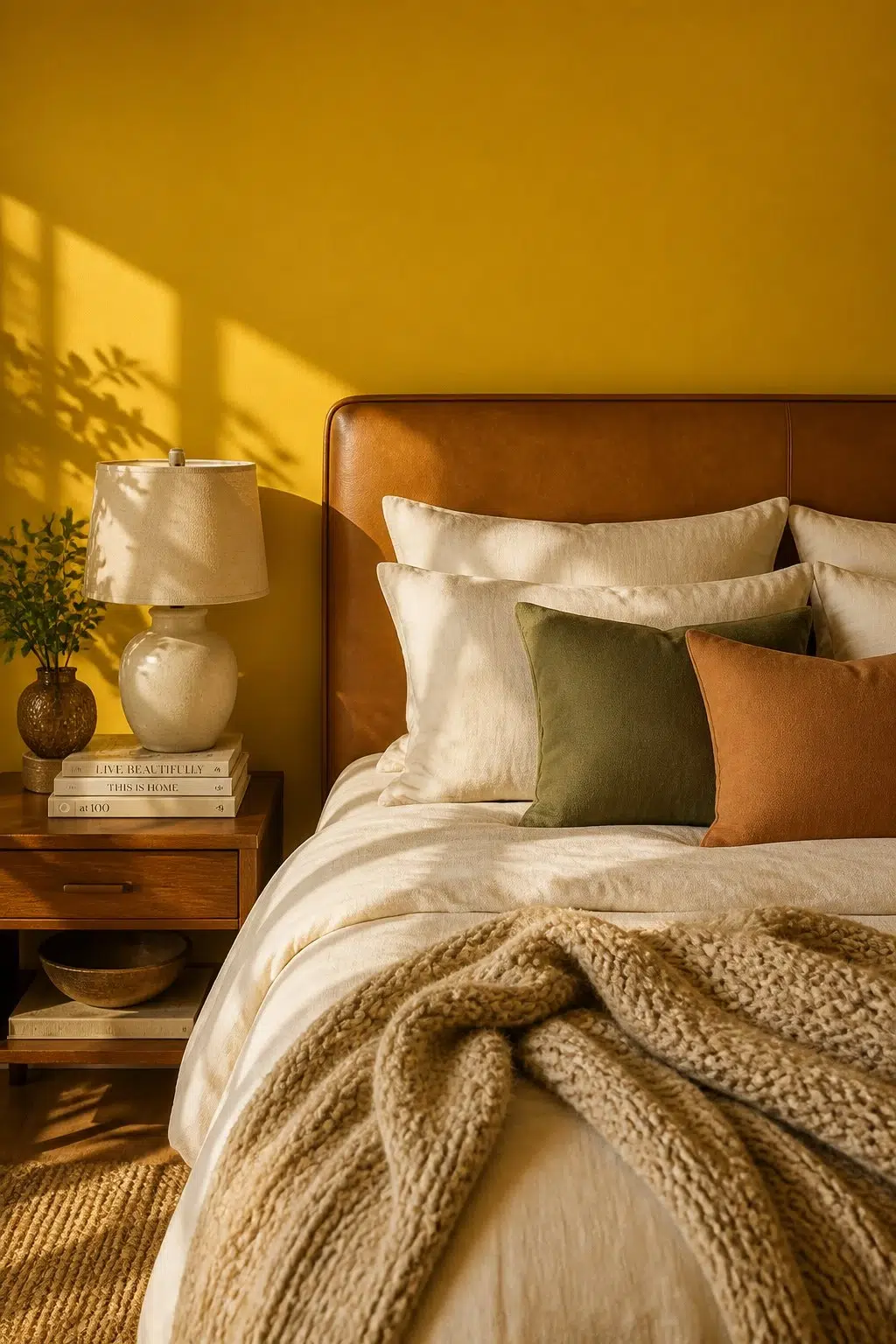 A cozy bedroom painted in Citronella