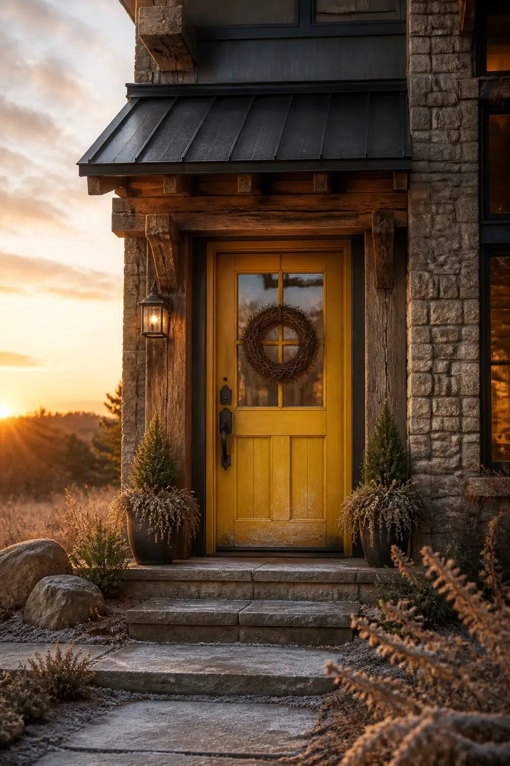 rustic modern front door featuring Citronella by Sherwin-Williams