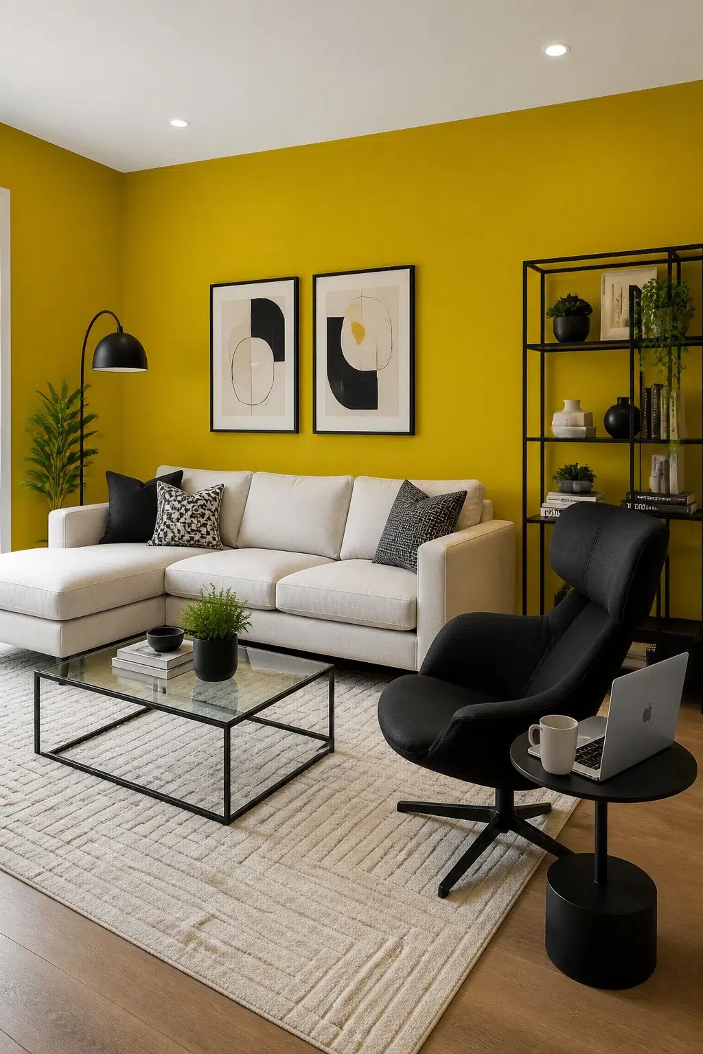 A contemporary living room painted in Citronella
