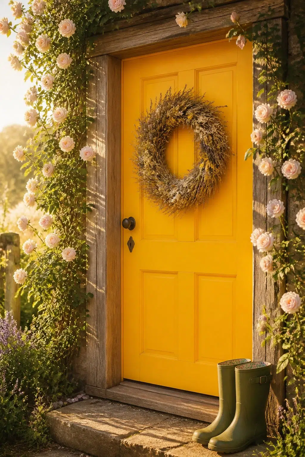 cottagecore front door featuring Citrus by Sherwin-Williams