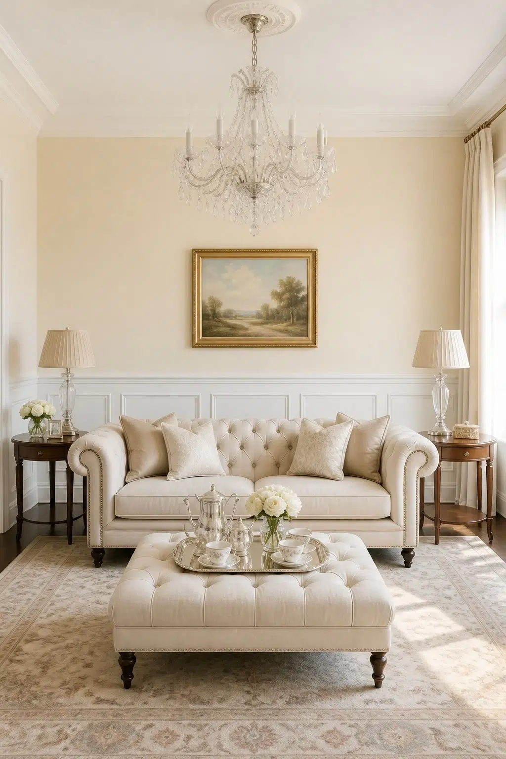 A elegant living room painted in Classic Ivory