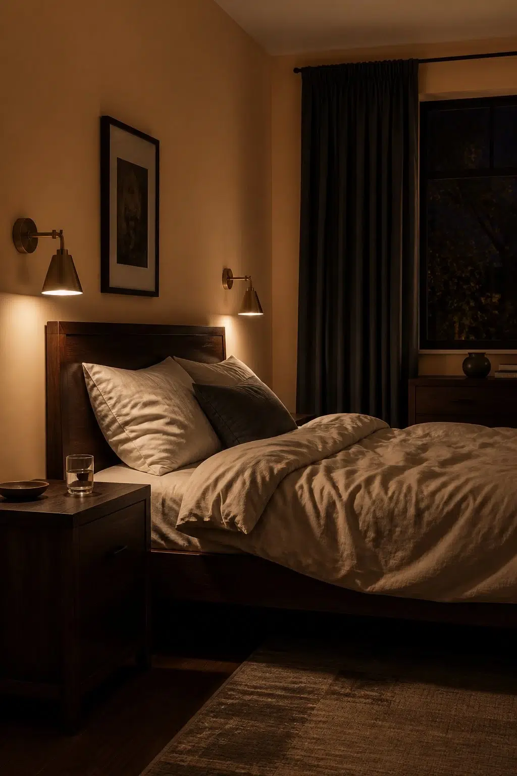 A moody bedroom painted in Classical Gold