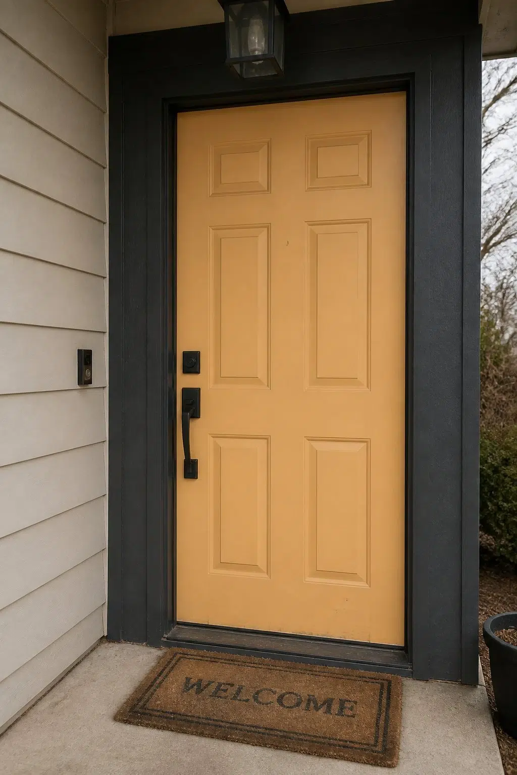 bold front door featuring Classical Gold by Sherwin-Williams