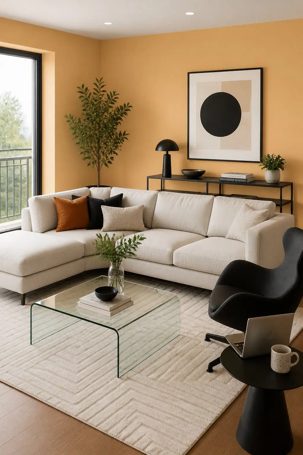 A contemporary living room painted in Classical Gold