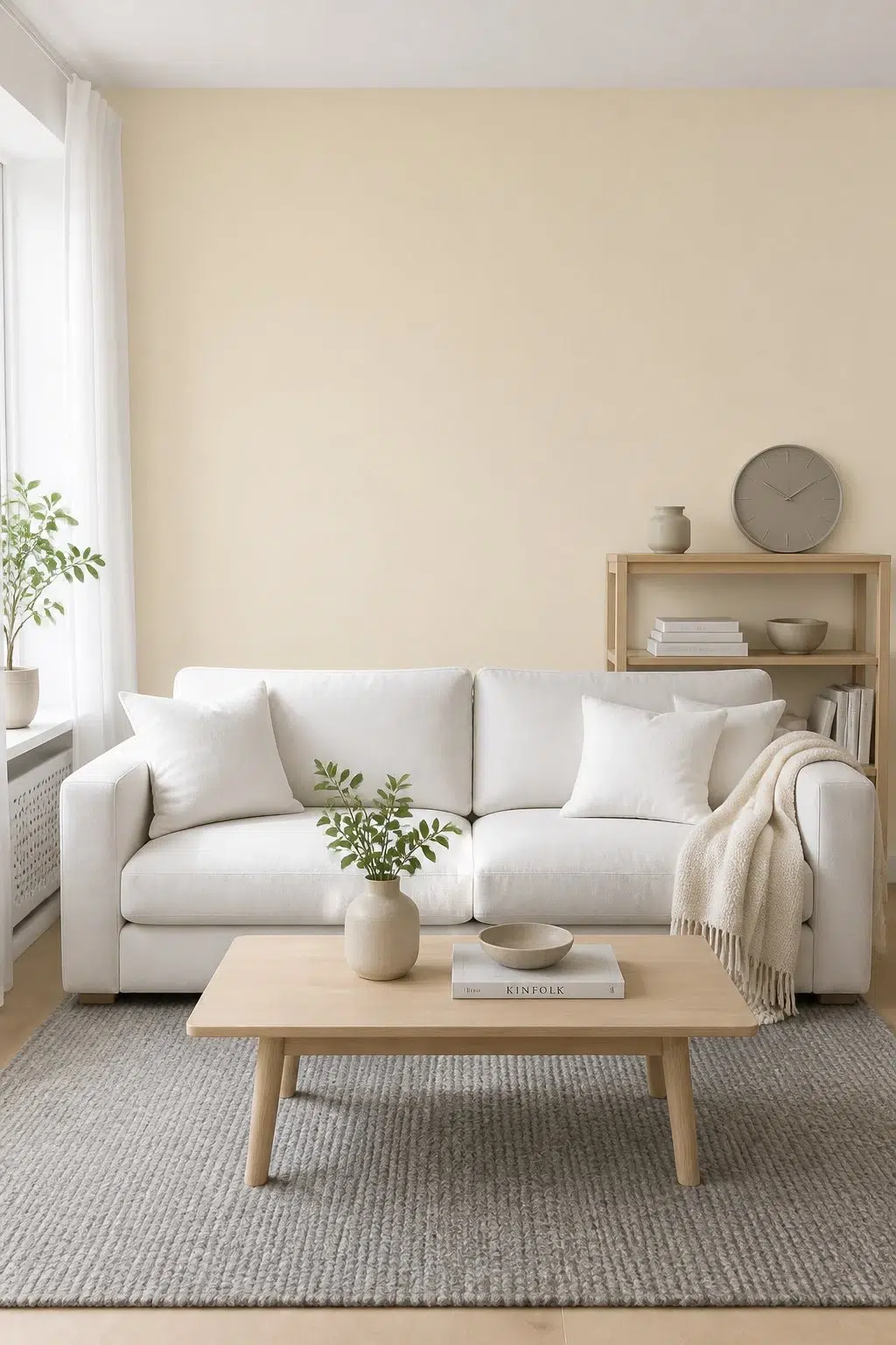 A scandinavian living room painted in Classical White