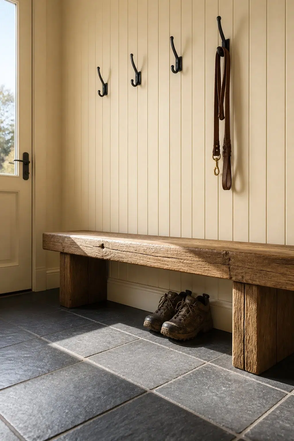 Classical White paint in a rustic modern mudroom