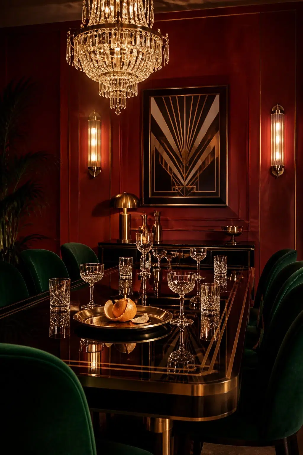 Classy Red paint in a art deco dining room