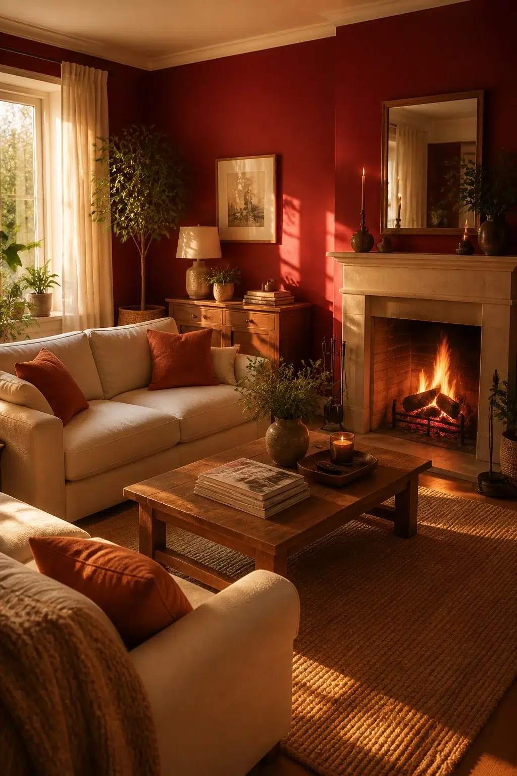 A cozy living room painted in Classy Red