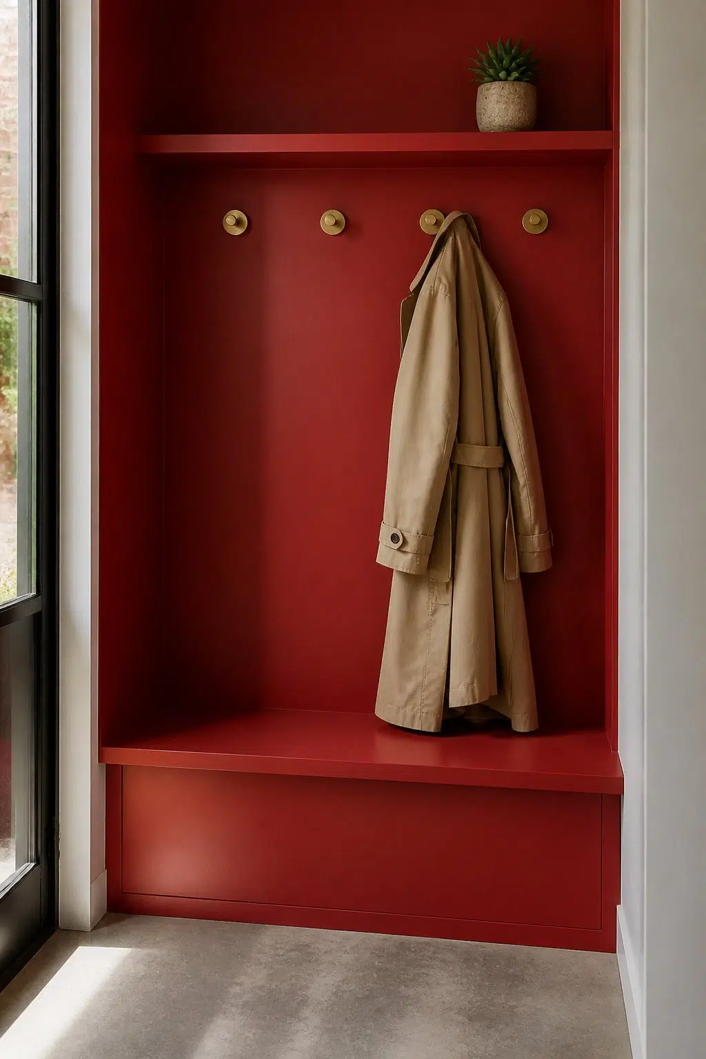 Classy Red paint in a tiny mudroom
