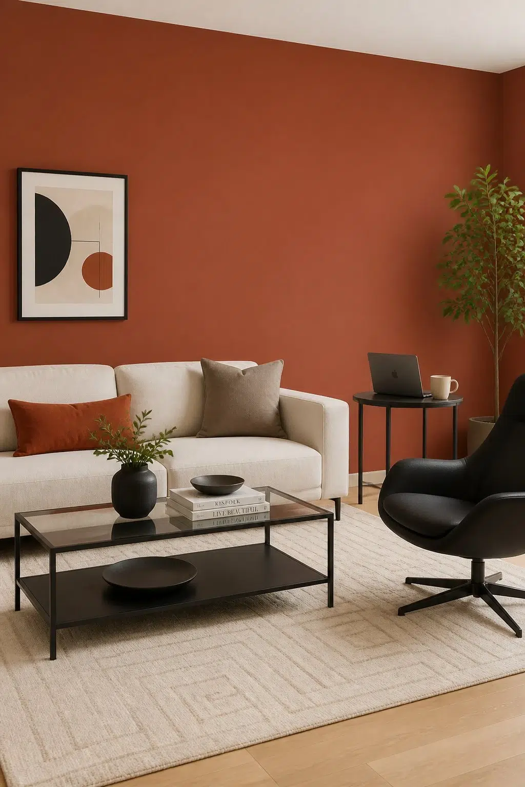 A contemporary living room painted in Clay Pot