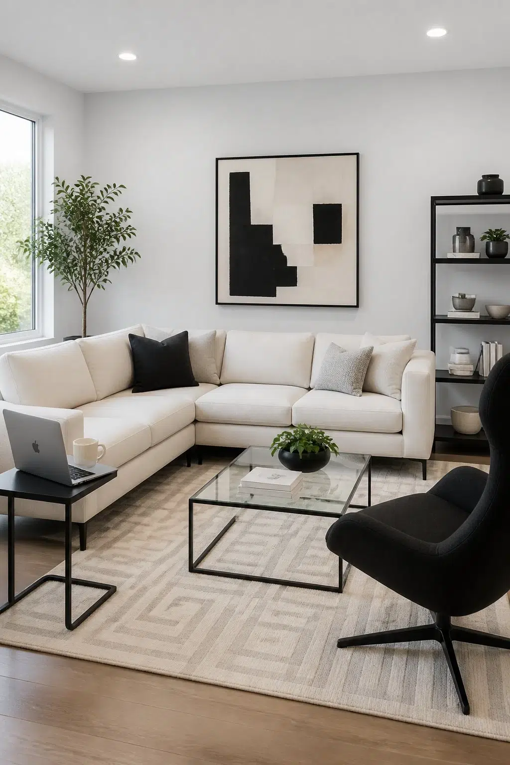 A contemporary living room painted in Clean Slate