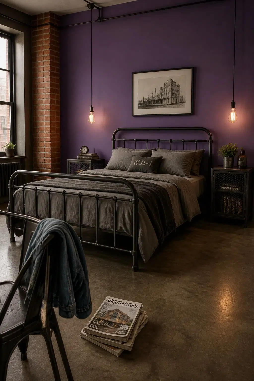 A industrial bedroom painted in Clematis