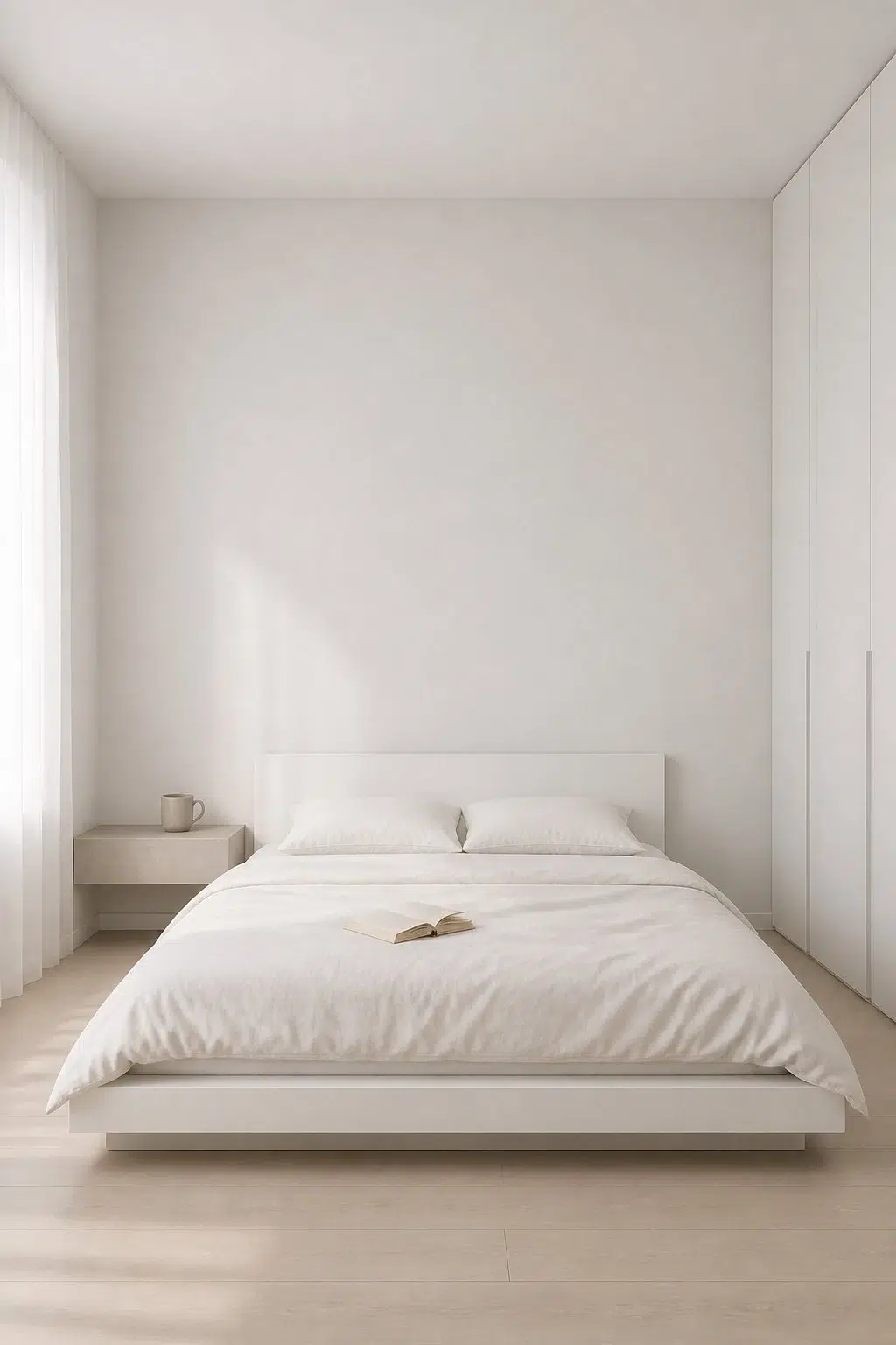 A minimalist bedroom painted in Cloud Nine