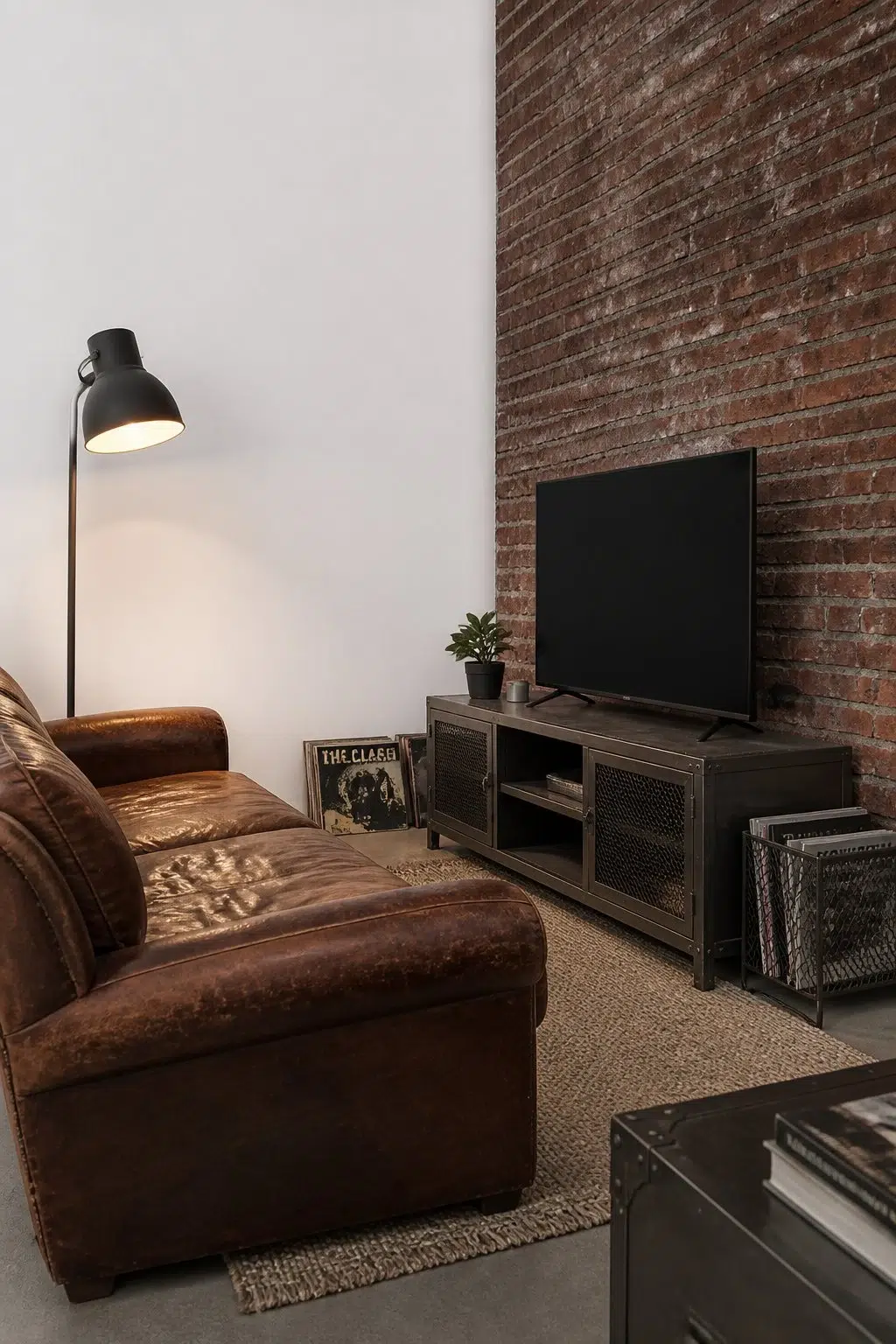 A industrial living room painted in Cloud Nine
