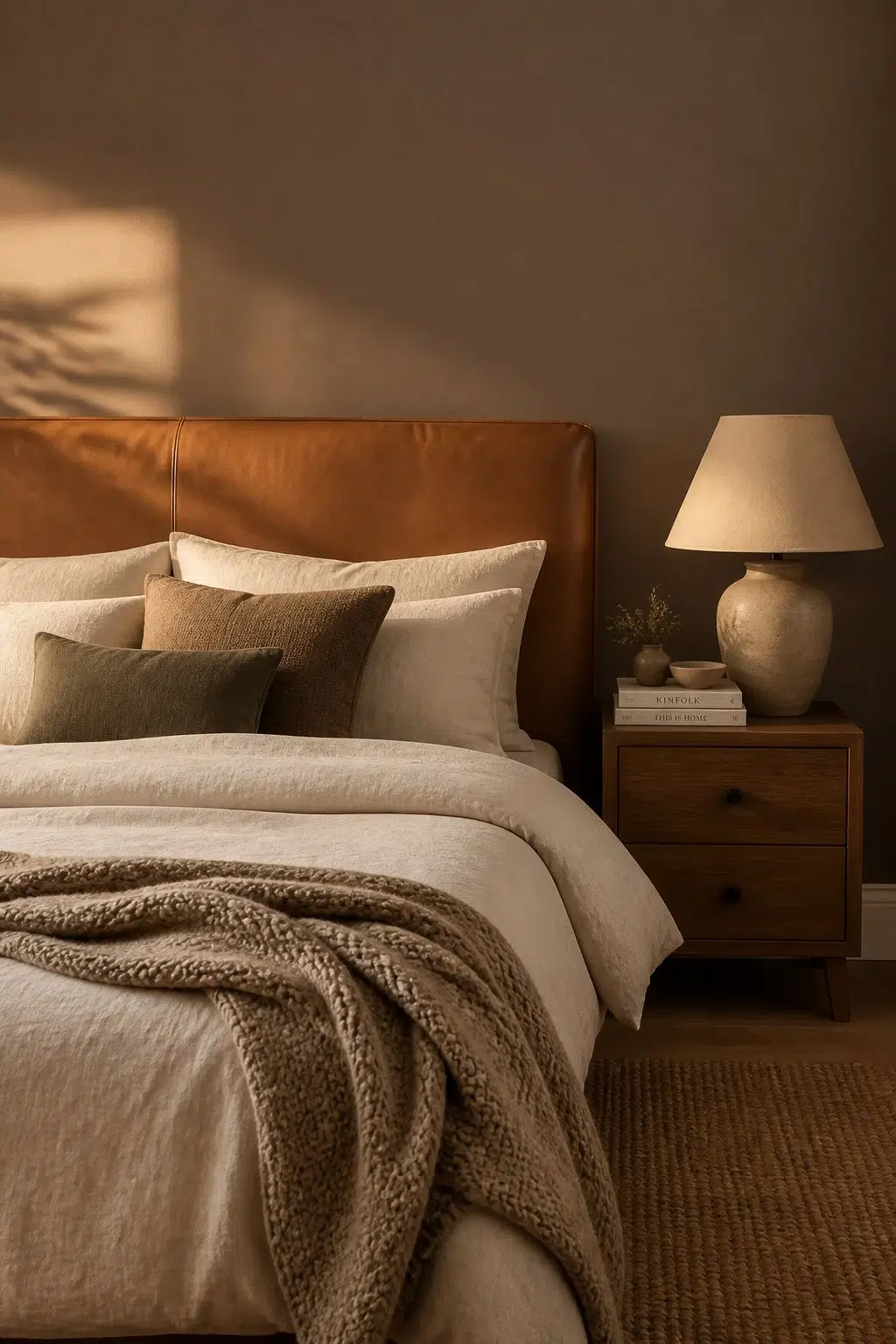 A cozy bedroom painted in Cobble Brown